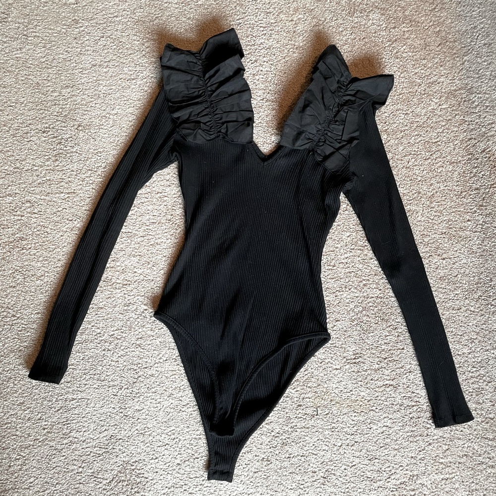 Black Ruffle Long-Sleeve Bodysuit